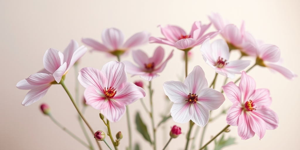 create an illustration of pastel-colored flowers with delicate petals and varying shades of pink and purple against a soft neutral background, captured with a Canon EOS R5, 50mm f/1.2 lens, f/2.8 aperture, 1/200s shutter speed, natural light, and a soft focus style for an ethereal look