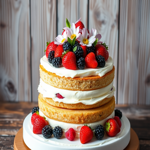 Create an image of a layered cake with three tiers featuring a light sponge texture adorned with whipped cream and an assortment of fresh strawberries, raspberries, blackberries, and edible flowers on top, set against a rustic wooden background.