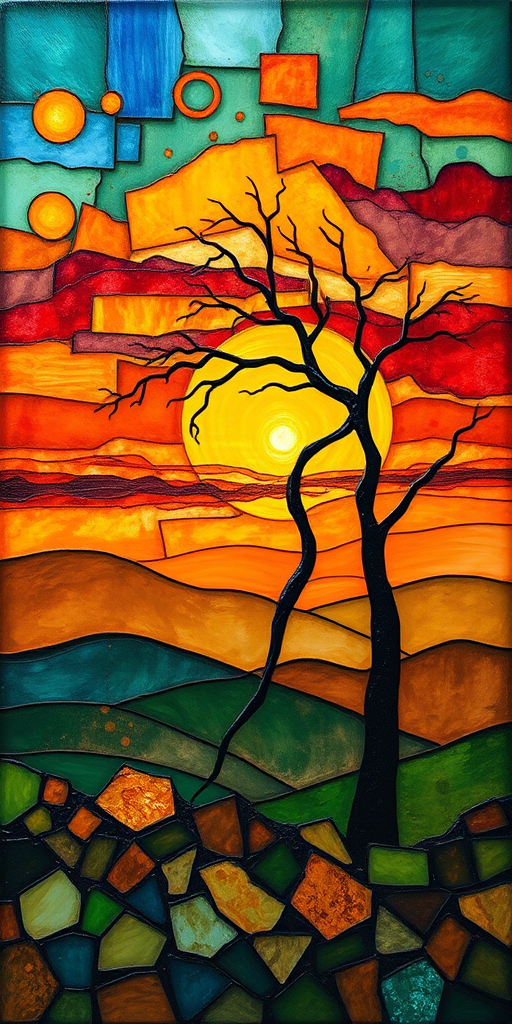 A vibrant abstract painting on Tiffany Glass, blending acrylic and alcohol ink techniques, captures a dramatic sunset over rolling hills. The artwork features a textured, rocky foreground in green and brown, layered abstract hills, and a striking sunset in rich oranges, yellows, and reds. A solitary black tree with intricate branches contrasts against the fiery sky, creating a dynamic and expressive portrayal of a breathtaking natural scene.