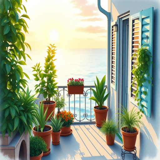 Create a watercolor illustration of a seaside balcony adorned with lush greenery and potted plants, captured at dawn with a soft focus effect, using a full-frame DSLR camera, aperture f/2.8, 24mm focal length, and ISO 100 for enhanced image quality.