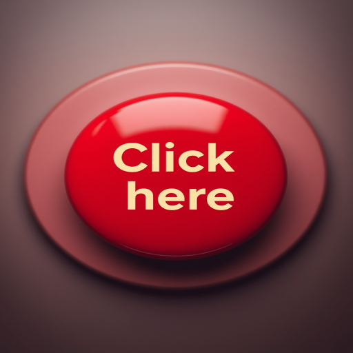 Create a vibrant red button with the text "Click here" in light beige, shot with a Canon EOS R5 at f/2.8, ISO 100, 1/200 sec, with a shallow depth of field for a soft background effect, using a top-down view to emphasize the button's shape.