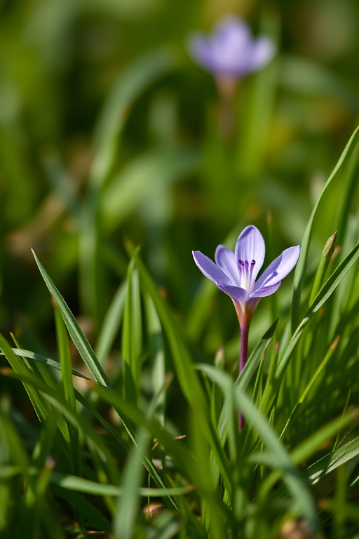 Capture a close-up shot of a single purple flower surrounded by green grass, with a shallow depth of field, using a DSLR camera, 50mm lens, f/2.8 aperture, ISO 100, and a soft natural light for enhanced vibrancy.