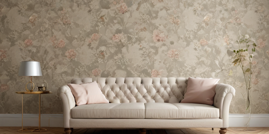 Elegant Living Room Featuring a Vintage Floral Wallpaper and Chic Sofa