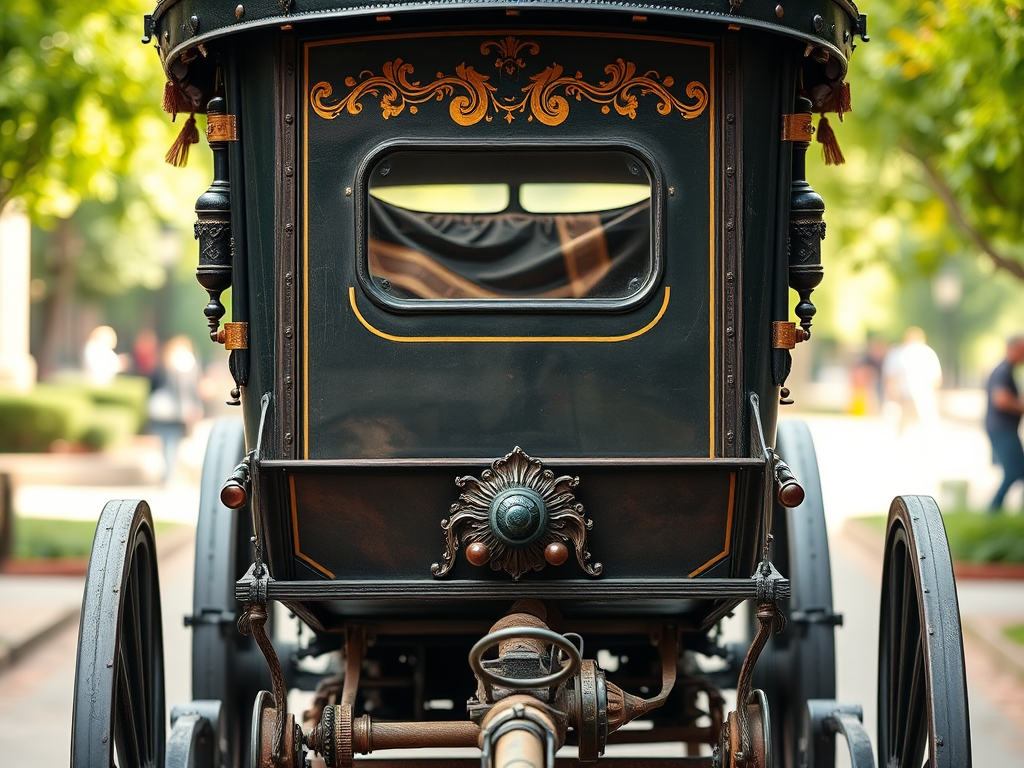 Regenerate an image of a vintage horse-drawn carriage with ornate decorations, captured from a three-quarters view, using a DSLR camera with a 50mm lens, aperture set to f/2.8, ISO 100, and a shallow depth of field to enhance details.
