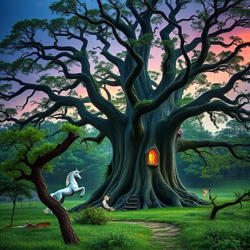 Create a whimsical fantasy scene featuring an ancient, majestic tree with magical creatures, a unicorn, and fairies in a lush green landscape during twilight, shot with a DSLR camera at f/2.8 aperture, ISO 100, 24mm focal length, with a soft focus on the foreground and a wide dynamic range for vibrant colors.