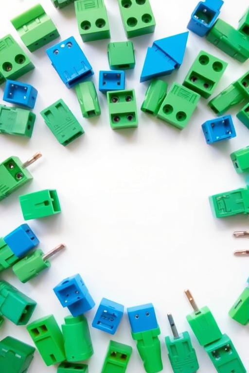 high-resolution image of assorted green and blue electronic connectors arranged on a white background, taken with a DSLR camera, 50mm lens, f/2.8 aperture, ISO 100, soft natural lighting, top-down view for clarity and detail