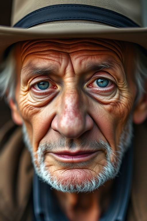 highly detailed portrait of an elderly man with deep wrinkles and a weathered face wearing a hat, soft natural lighting, focal length 85mm, aperture f/1.8, shutter speed 1/200, DSLR camera, shallow depth of field, vibrant colors, high resolution