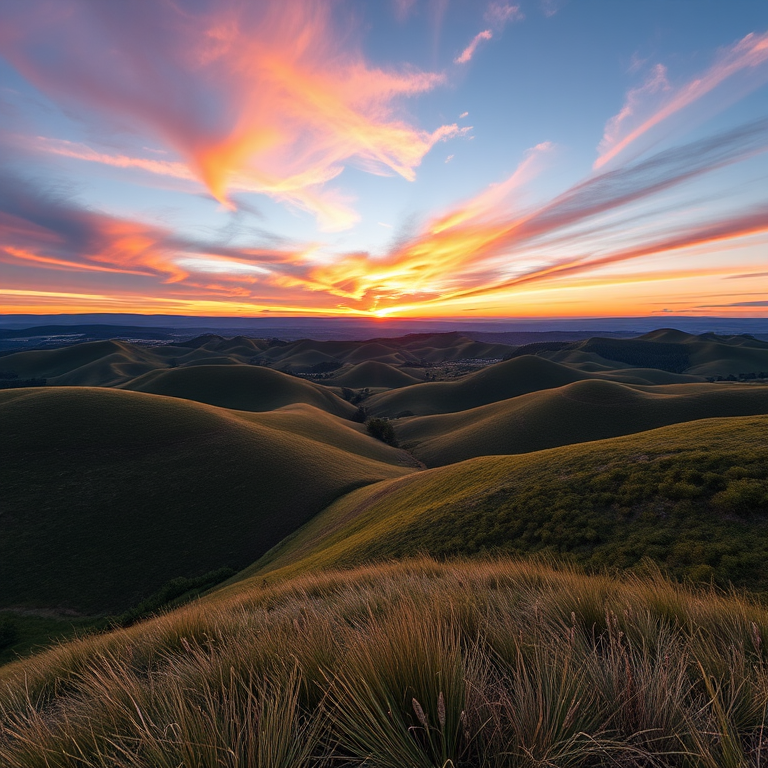 Generate a high-resolution image of a serene landscape featuring rolling hills and a vibrant sunset sky, shot with a Canon EOS R5, 35mm lens, f/8 aperture, ISO 100, and at a 1/125 second shutter speed, using a wide-angle perspective for depth.