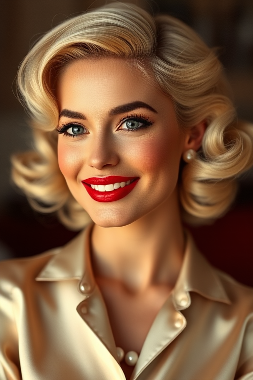 A beautiful Hispanic woman reminiscent of 1950s Hollywood glamour, with perfectly styled blonde hair and a seductive smile, dressed in a satin blouse and adorned with pearls, soft and warm tones, photorealistic, 8K