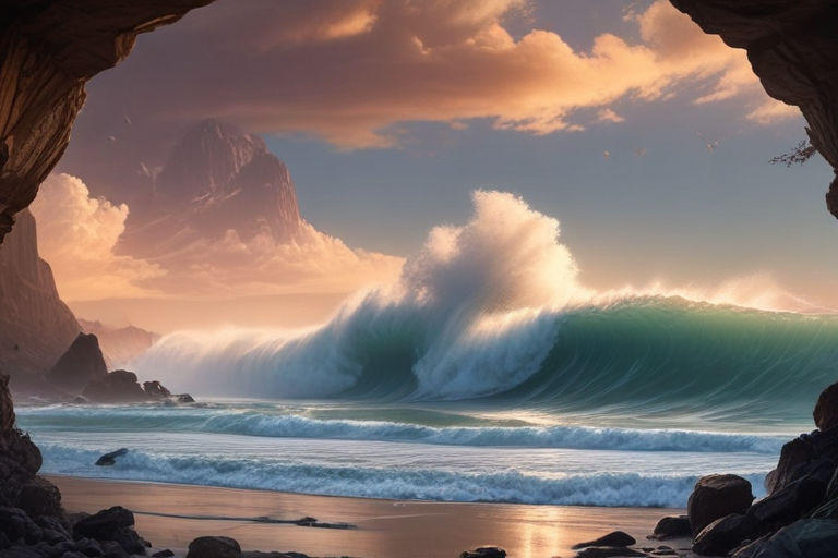 Majestic Ocean Waves Crashing Against Rocky Shore Under a Vibrant Sky