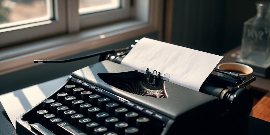 Sharp, detailed photo of a vintage typewriter, sunlight streaming through a nearby window, soft shadows cast by the keys, a blank sheet of paper loaded in the machine, the sound of distant typing filling the air, a cup of coffee steaming nearby.