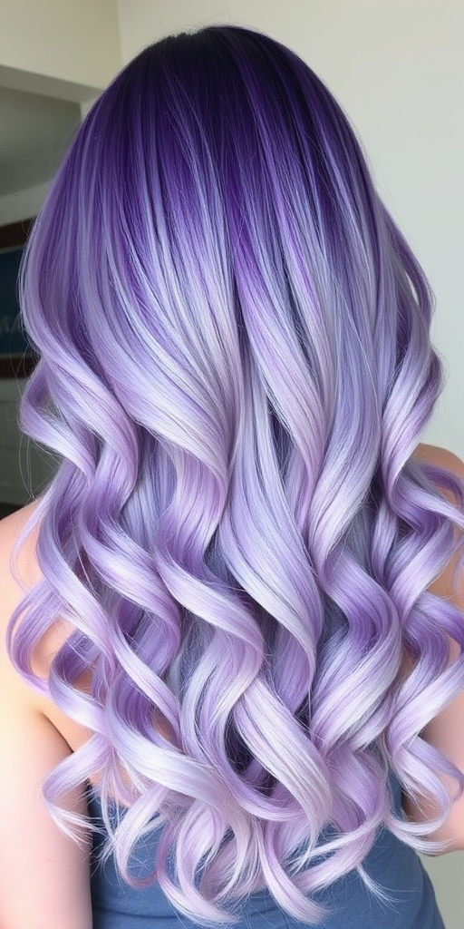 Multidimensional lavender and silver ombre hair named "Twilight Mist," flows in graceful mermaid waves from roots to tips, blending seamlessly from a deep purple crown to shimmering silver ends, creating a magical and ethereal effect that captivates the imagination