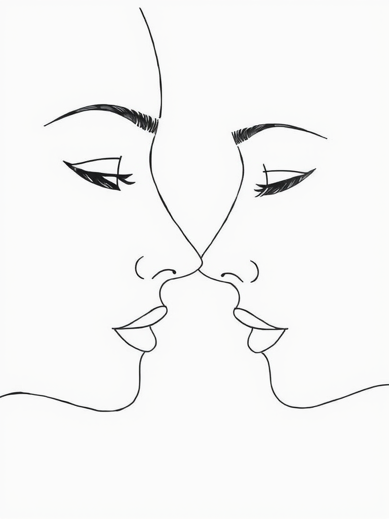 Create a minimalistic line drawing of two abstract faces touching, shot with a Canon EOS R5 at f/2.8, ISO 100, using a 50mm lens from a close-up perspective, in natural light for enhanced contrast and clarity.