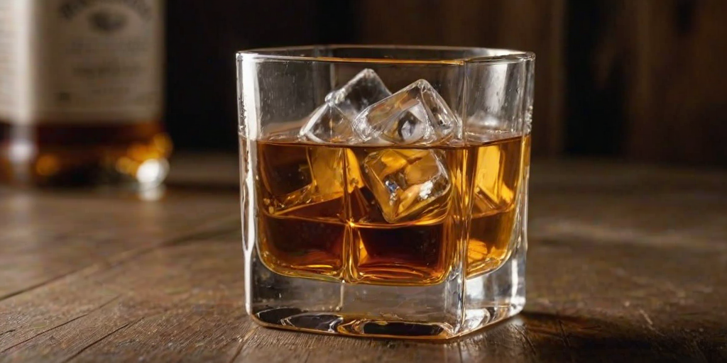 High-resolution close-up of a glass of whiskey with a large ice cube, condensation forming on the glass, soft warm light reflecting off the amber liquid with a rustic wooden bar in the background.