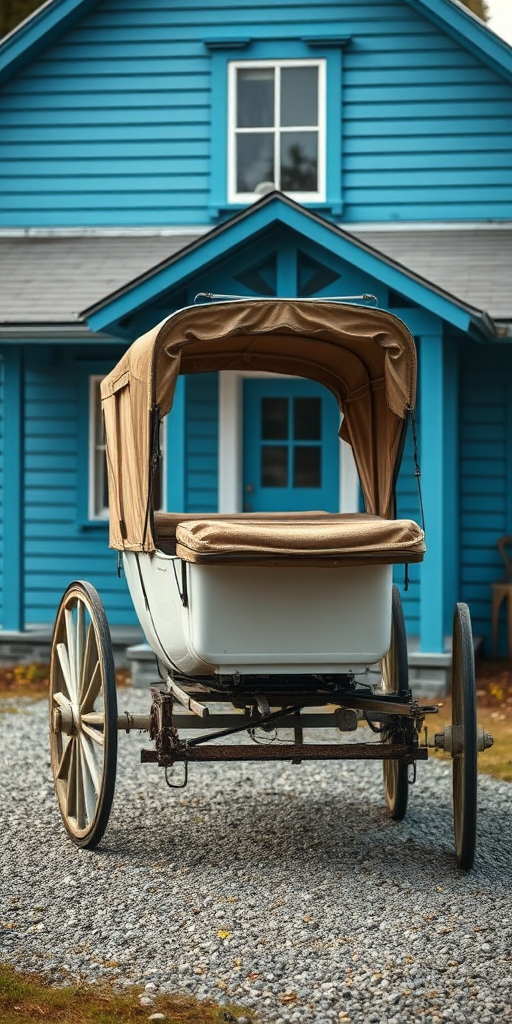 Regenerate an image of a vintage carriage parked on a gravel path outside a blue wooden house, using a Canon EOS 5D Mark IV, 50mm lens, aperture f/1.8, ISO 100, natural daylight, focus on the carriage with a slightly blurred background for depth.