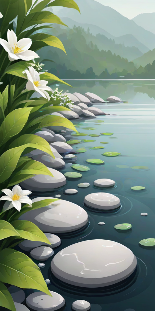 create a stylized vector illustration of a serene natural scene featuring various green leaves, white flowers, and smooth gray stones near a gentle body of water, emphasizing harmony and tranquility