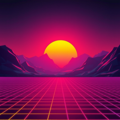 Generate a retro-futuristic landscape with a large, digitally styled sun setting behind low-poly mountains, foreground featuring a grid pattern reflecting vibrant neon colors; use a high-resolution setting with a 50mm lens, f/8 aperture, ISO 100, and a wide-angle view for depth in perspective.