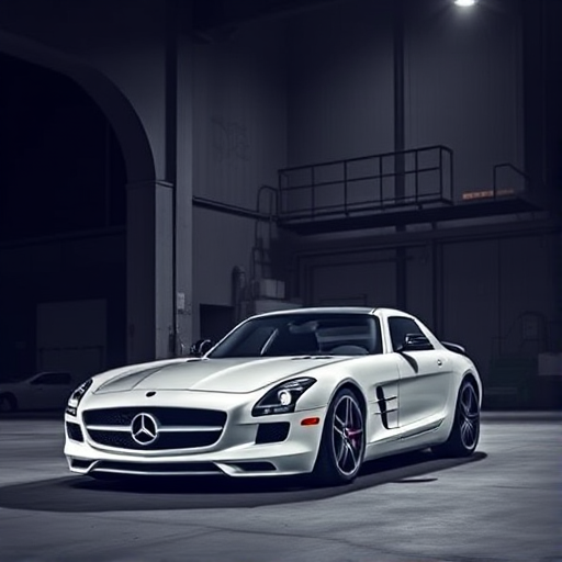 Create a high-resolution image of a white Mercedes-Benz SLS AMG parked in an industrial setting with dramatic lighting, using a DSLR camera with a 50mm lens, f/1.8 aperture, ISO 100, and a shutter speed of 1/200s, captured from a low angle to emphasize the car's profile and details.