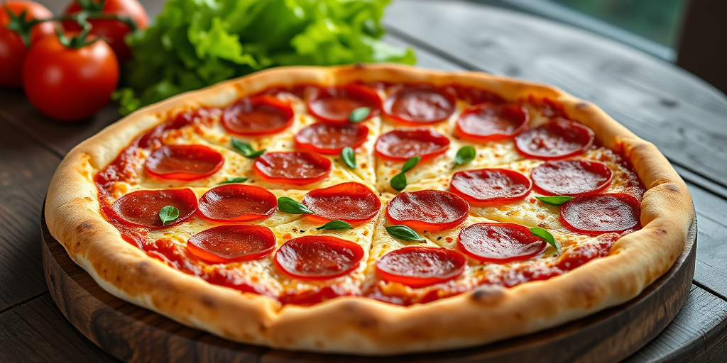 A freshly baked pepperoni pizza on a wooden table, with fresh tomatoes and lettuce in the background, taken with a Canon EOS R5, 50mm lens, f/2.8 aperture, ISO 200, and natural lighting for enhanced color vibrancy.