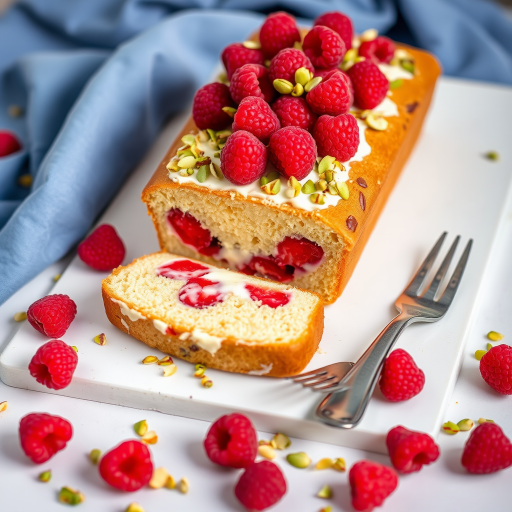 Create an image of a beautiful dessert loaf cake topped with fresh raspberries and chopped pistachios. The cake should be partially sliced to reveal a creamy filling with raspberries inside. Arrange the dessert on a white surface with a blue cloth in the background and some scattered raspberries and pistachios around it. Include two silver forks beside the cake for a touch of elegance.