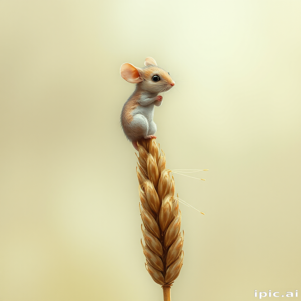 Soft, muted Alcohol Ink with ebru effect background image of tiny whimsical mousey, who climbed high on the top of a golden rye ear.