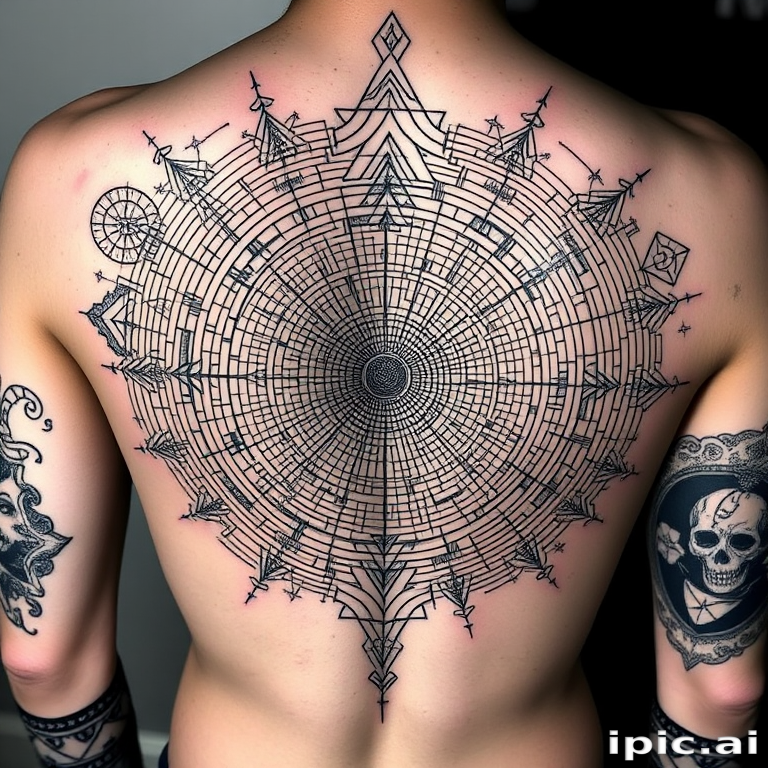 Intricate blackwork tattoo named "Shadow Labyrinth" showcasing an elaborate maze-like pattern of fine lines and geometric shapes, incorporating elements of sacred geometry and optical illusions to create a visually stunning and hypnotic design that appears to shift and change as the viewer's perspective alters, ideal for individuals who appreciate complex and thought-provoking body art.