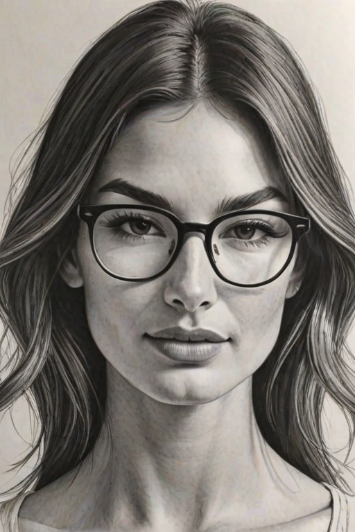 Beauteous Lily Aldridge, pencil sketch, portrait of Fetching woman 1979s in glasses, hair style beatnik, outline, clear lines, fine lines, 8k