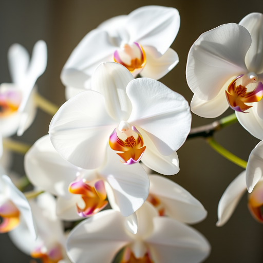Close-up shot of white orchids in natural light, using a Canon EOS 5D Mark IV, aperture f/2.8, shutter speed 1/250 sec, ISO 100, 50mm lens, focusing on the intricate details of the petals and their vibrant colors.