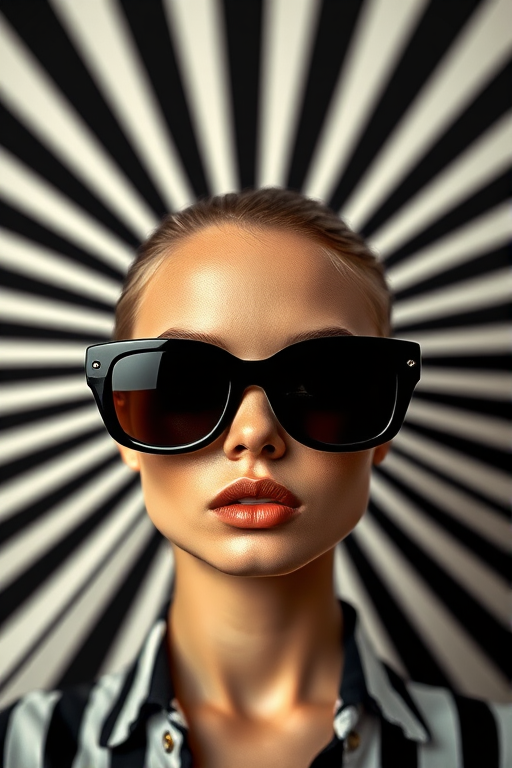 Create a high-contrast portrait of a model wearing oversized sunglasses against a radial striped background, using a DSLR camera with a 50mm lens, aperture set to f/1.8, ISO 100, and a shallow depth of field to enhance sharpness and detail.