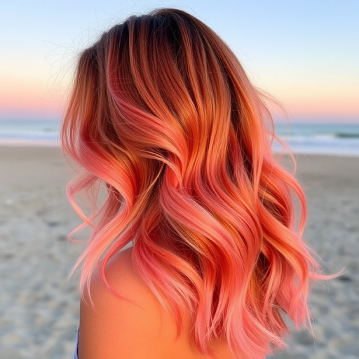 Sunset ombre melts from warm oranges to soft pinks, styled in beachy waves with sun-kissed highlights, capturing the essence of a perfect summer evening