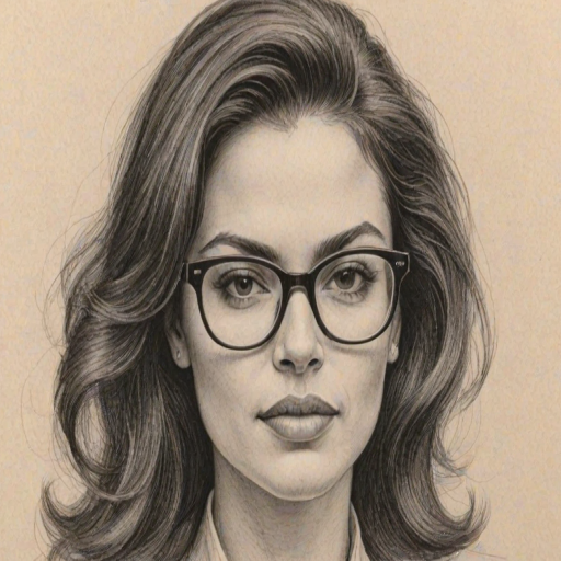 Magnificent Zuleikha Robinson, pencil sketch, portrait of Beauteous woman 1976s in glasses, hair style beatnik, outline, clear lines, fine lines, 8k