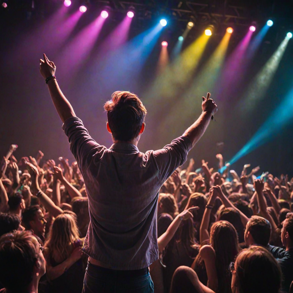 Lively concert scene, with a crowd enjoying live music, colorful lights illuminating the stage, and a performer engaging the audience, creating a feeling of excitement and energy.