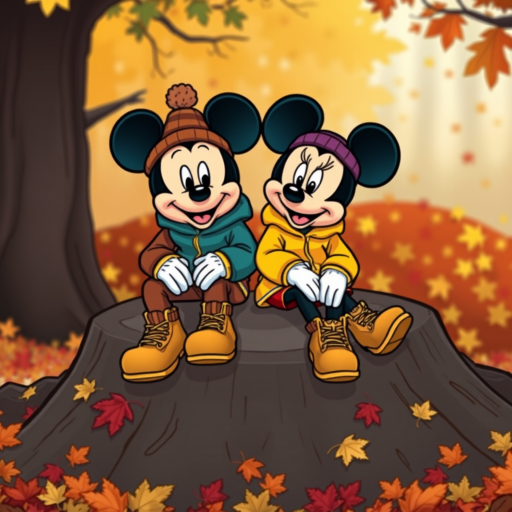 Mickey and Minnie Mouse Enjoying a Cozy Autumn Day in Nature.