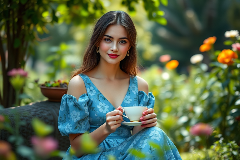 regenerate an elegant young woman in a blue floral dress sitting in a lush garden with a teacup, soft natural lighting, shallow depth of field, 50mm lens, f/1.8 aperture, portrait orientation, high dynamic range imaging, DSLR camera