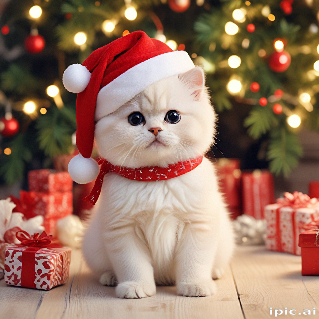 A Cute Kitten Wearing a Santa Hat Amidst Christmas Decorations and Gifts.