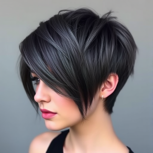 Smoky charcoal gray hair styled in a textured pixie cut with long, side-swept bangs, the Storm Cloud Chic style exudes edgy elegance and modern allure