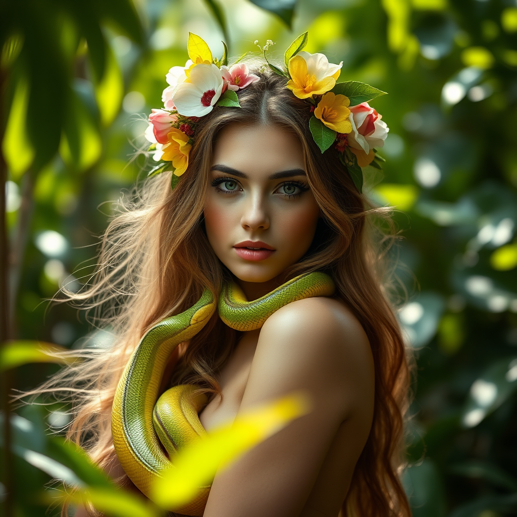 Create an image of a woman with long, flowing hair adorned with flowers and leaves, a vibrant green and yellow snake wrapped around her, in a lush jungle setting with soft, dappled sunlight filtering through the leaves; use a Canon EOS R5 camera, 50mm lens, f/1.8 aperture, ISO 100, with a shallow depth of field to create a dreamy, ethereal effect.
