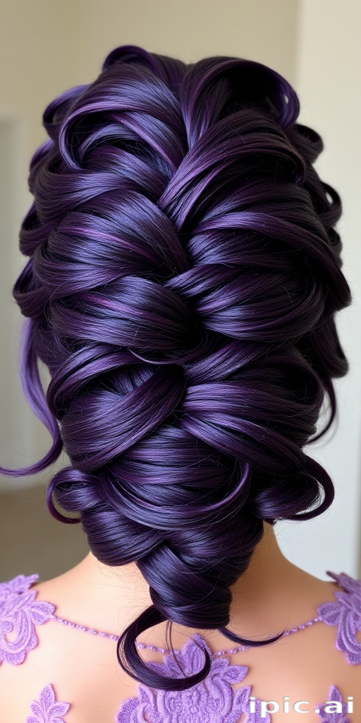 Regal deep purple updo named "Amethyst Crown" featuring intricate braided details, jewel-toned highlights woven throughout, soft tendrils framing face, ornate pinned curls at nape, majestic and elegant style
