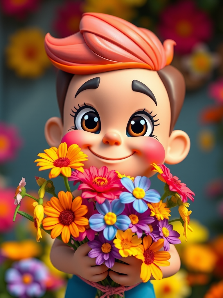 Create a vibrant cartoon character holding a bouquet of colorful flowers, with exaggerated facial features and a playful expression, in a bright and cheerful color palette, captured with a Canon EOS R5, 50mm f/1.2 lens, f/2.0 aperture, ISO 100, in vivid and high contrast style.