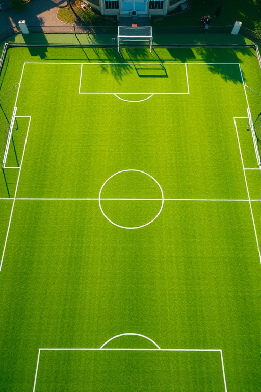Aerial view of a vibrant green soccer field with clearly defined white lines amidst a sunny backdrop, captured with a Canon EOS R5 using an 18mm lens at f/8, ISO 100, and a shutter speed of 1/200s for high clarity and sharpness.