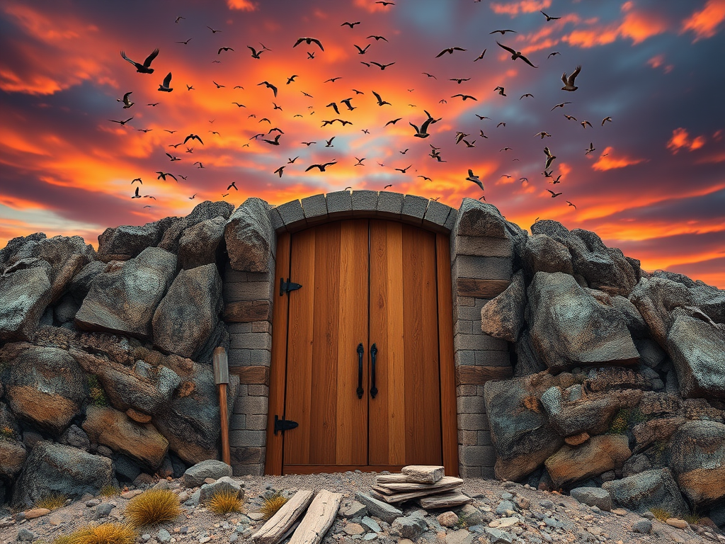 Create an image of a large wooden door set into a rocky mountain with a dramatic sunset sky filled with flocks of birds, shot with a DSLR camera at f/8 aperture, 1/250 sec shutter speed, ISO 100, 24mm focal length, high dynamic range for enhanced details and vivid colors.