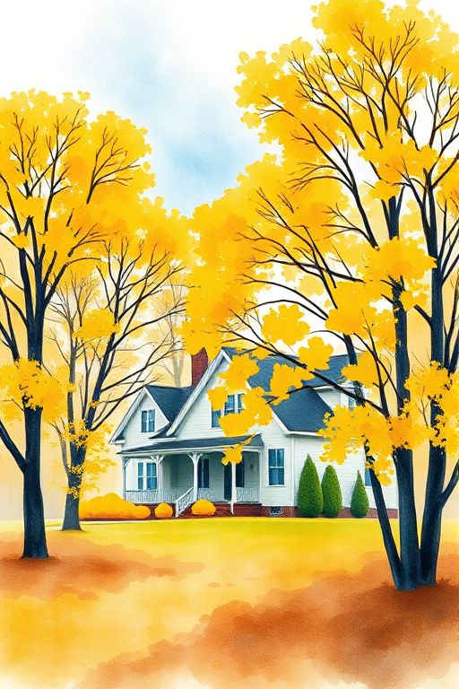 a vibrant watercolor painting of a house surrounded by autumn trees with yellow leaves, soft blue sky background, taken with a Canon EOS R5, 35mm lens, f/8 aperture, ISO 100, natural lighting for enhanced colors and detail