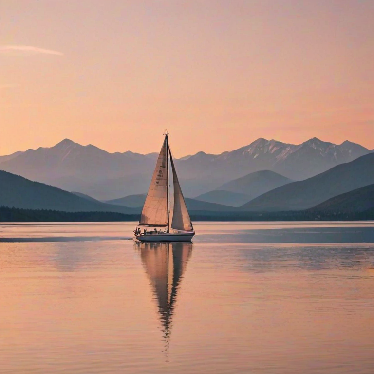 Softly focused image of a sailboat gliding across a calm lake at sunset, soft orange and pink hues reflecting off the water, with distant mountains and a peaceful, serene atmosphere blending into the background.