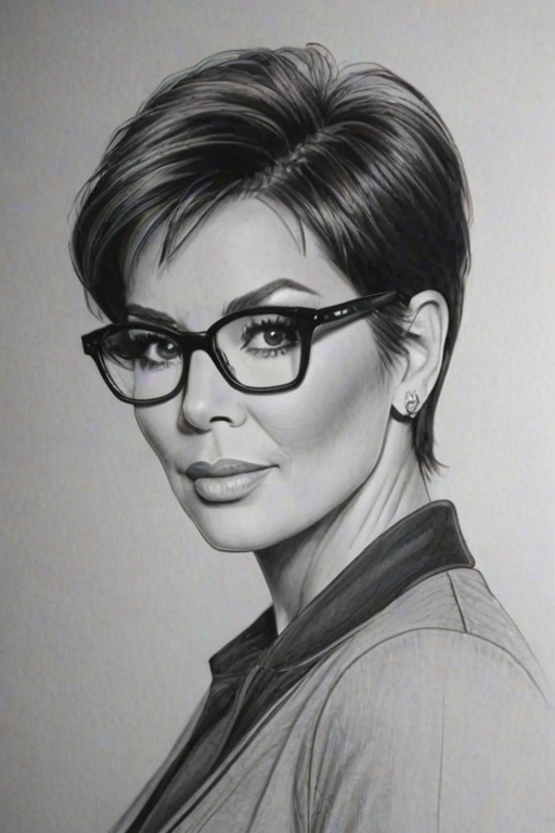 Fetching Kris Jenner, pencil sketch, portrait of Enticing woman 1948s in glasses, hair style beatnik, outline, clear lines, fine lines, 8k