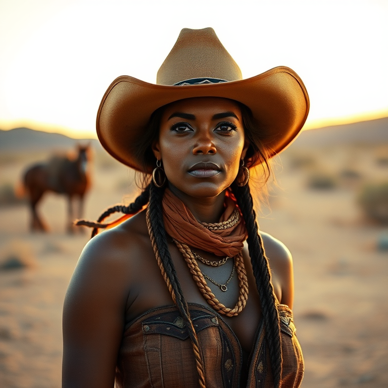 Dramatic photo of a beautiful Aboriginal Australian woman, classic cowboy attire, confident and free spirit expression, half-length portrait, centered, golden hour desert landscape, warm, diffused light, low angle, medium format film camera, in style of Annie Leibovitz.