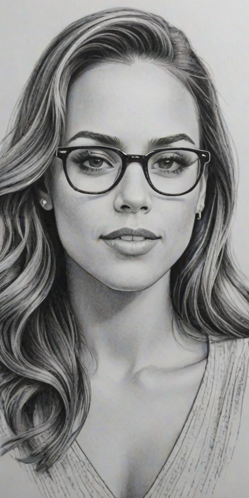 Ravishing Jana Kramer, pencil sketch, portrait of Exquisite woman 1946s in glasses, hair style beatnik, outline, clear lines, fine lines, 8k