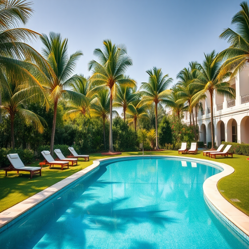 A luxurious poolside scene with sun loungers arranged on a lush green lawn surrounded by palm trees, captured in bright daylight with a shallow depth of field, using a Nikon D850 camera, 35mm lens, f/2.8 aperture, ISO 100, and a wide angle view to enhance image quality.