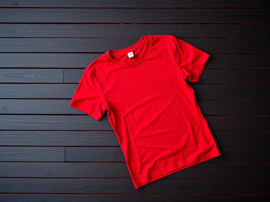 A flat lay of a red t-shirt on a dark wooden surface, using a DSLR camera with a 50mm lens, aperture set to f/1.8, ISO 100, shutter speed 1/125s, natural light to enhance texture and color vibrancy.