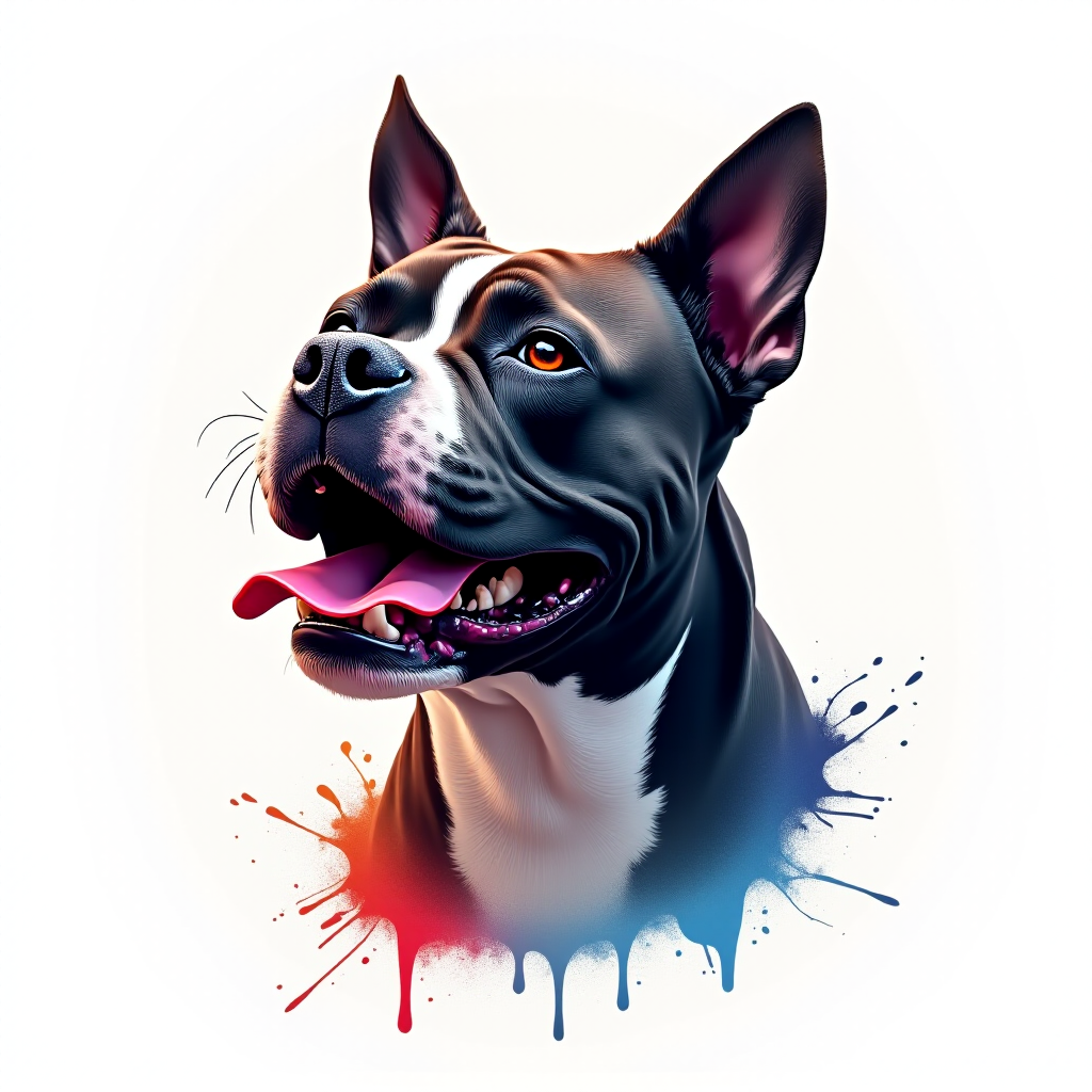 Create a hyper-detailed splash art of an American Bully dog's head on a clean white background. The design should include vibrant color splashes and drips in complementary colors, focusing on the tongue and eyes, expressive features and intricate contours. The dog's expression should be intense, almost roaring, and the overall composition should be different positions, feel fantastic and dynamic, as if a part of a digital fantasy artwork would be rendered in an 8k resolution, inspired by a mix of oil painting techniques and a stylized, epic Instagram aesthetic.