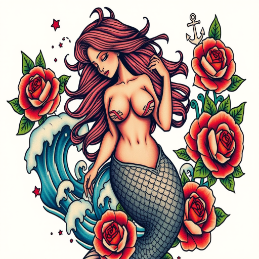 Neo-traditional tattoo dubbed "Sailor's Lament" portraying a bold colorful mermaid with flowing hair surrounded by stylized waves roses and nautical elements using thick outlines and saturated hues